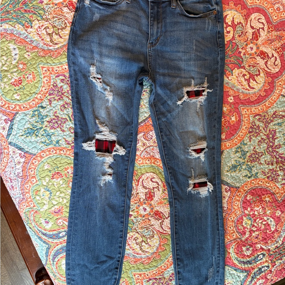 Judy Blue Medium Blue Distressed Skinny Jeans with Red Plaid Inserts
